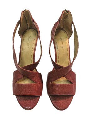 NINE WEST Burgundy Leather Fichel 3.5" Wedge Strappy Sandals Size 9.5